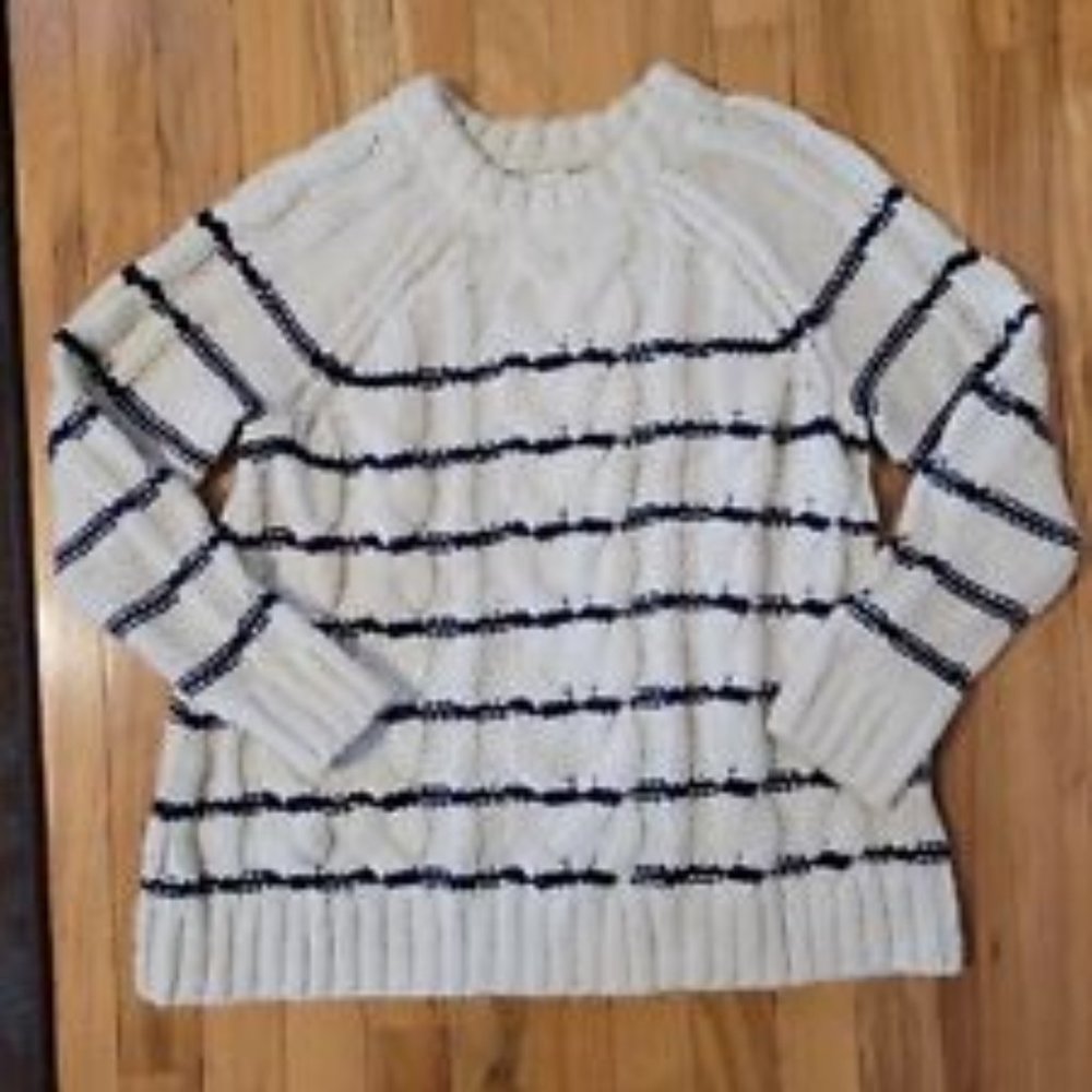 J. Jill White Chunky Knit Oversized Sweater w/ Navy Stripes ~ Size S ~ NEW!